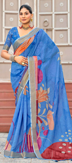 Blue color Saree in Linen fabric with Digital Print work