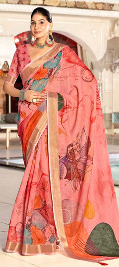 Pink and Majenta color Saree in Linen fabric with Digital Print work