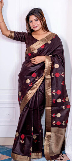 Beige and Brown color Saree in Linen fabric with Weaving work