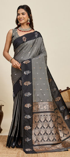 Black and Grey color Saree in Art Silk fabric with Weaving, Zari work