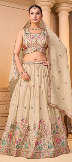 Beige and Brown color Lehenga in Faux Georgette fabric with Embroidered, Resham, Sequence, Thread work