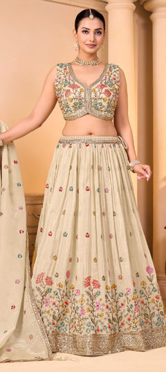 Beige and Brown color Lehenga in Faux Georgette fabric with Embroidered, Resham, Sequence, Thread work