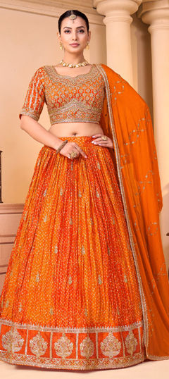 Beige and Brown color Lehenga in Silk fabric with Embroidered, Resham, Sequence, Thread work