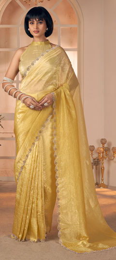 Gold color Saree in Silk fabric with Zircon work