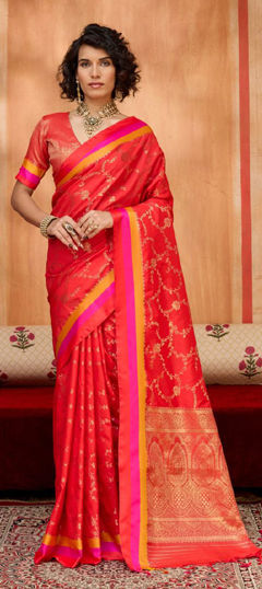 Red and Maroon color Saree in Satin Silk fabric with Weaving work