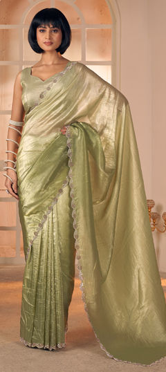 Green color Saree in Silk fabric with Zircon work