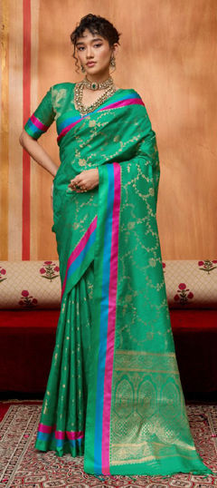 Green color Saree in Satin Silk fabric with Weaving work