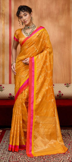 Yellow color Saree in Satin Silk fabric with Weaving work