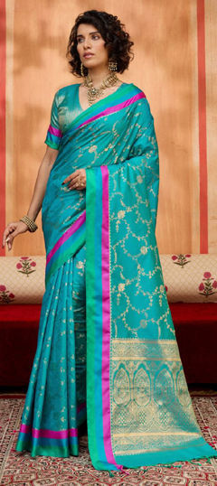 Blue color Saree in Satin Silk fabric with Weaving work