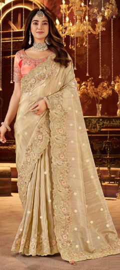 Beige and Brown color Saree in Tissue, Viscose fabric with Embroidered, Sequence, Thread, Weaving, Zari work
