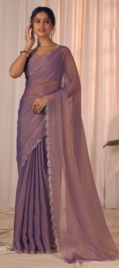 Pink and Majenta color Saree in Georgette fabric with Weaving, Zircon work