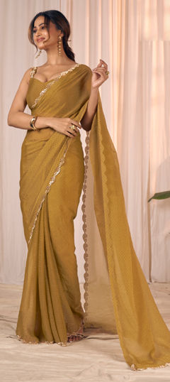 Beige and Brown color Saree in Georgette fabric with Weaving, Zircon work