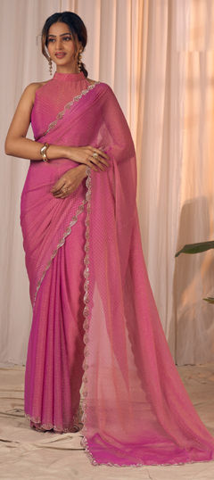 Pink and Majenta color Saree in Georgette fabric with Weaving, Zircon work