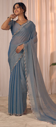 Black and Grey color Saree in Georgette fabric with Weaving, Zircon work