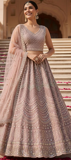 Pink and Majenta color Lehenga in Net fabric with Bugle Beads, Embroidered, Sequence work