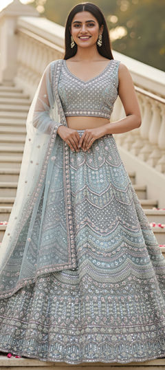 Blue color Lehenga in Net fabric with Bugle Beads, Embroidered, Sequence work