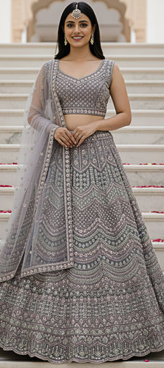 Black and Grey color Lehenga in Net fabric with Bugle Beads, Embroidered, Sequence work