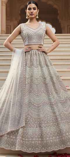 White and Off White color Lehenga in Net fabric with Bugle Beads, Embroidered, Sequence work