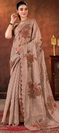 Beige and Brown color Saree in Organza Silk fabric with Printed work