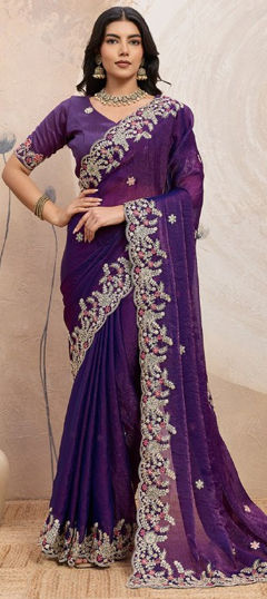 Purple and Violet color Saree in Silk fabric with Embroidered, Thread work