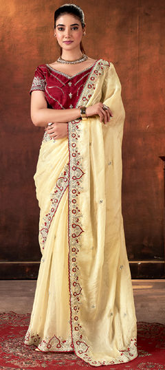 Beige and Brown color Saree in Silk fabric with Embroidered, Thread work