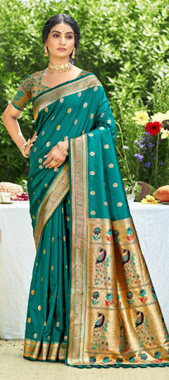 Green color Saree in Silk fabric with Weaving work