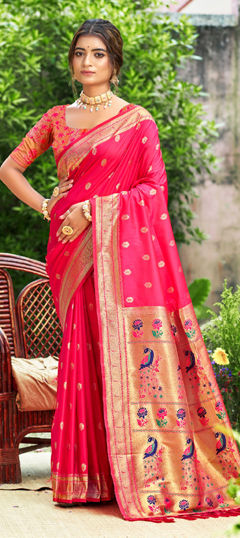 Pink and Majenta color Saree in Silk fabric with Weaving work