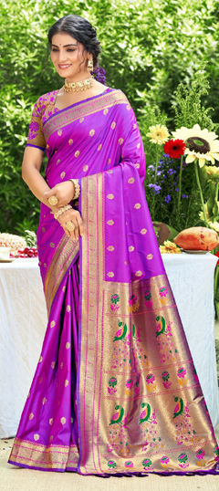 Purple and Violet color Saree in Silk fabric with Weaving work