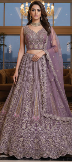 Purple and Violet color Lehenga in Net fabric with Embroidered, Sequence, Thread, Zari, Zircon work