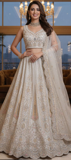 White and Off White color Lehenga in Net fabric with Embroidered, Sequence, Thread, Zari, Zircon work