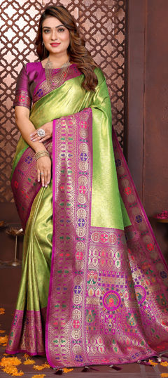 Green color Saree in Banarasi Silk, Tissue fabric with Weaving work