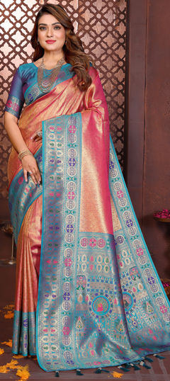 Pink and Majenta color Saree in Banarasi Silk, Tissue fabric with Weaving work