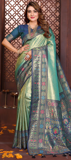 Green color Saree in Banarasi Silk, Tissue fabric with Weaving work