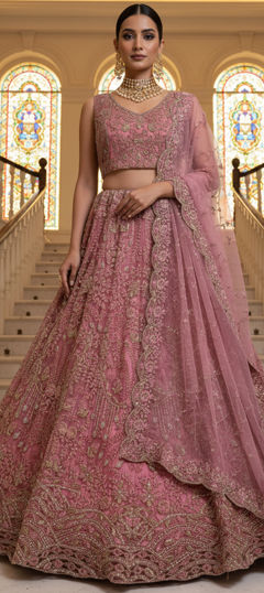 Pink and Majenta color Lehenga in Net fabric with Bugle Beads, Embroidered, Thread, Zari, Zircon work