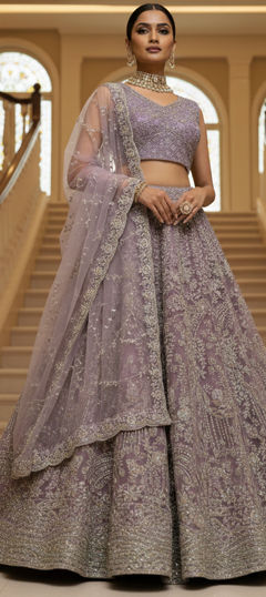 Purple and Violet color Lehenga in Net fabric with Bugle Beads, Embroidered, Thread, Zari, Zircon work