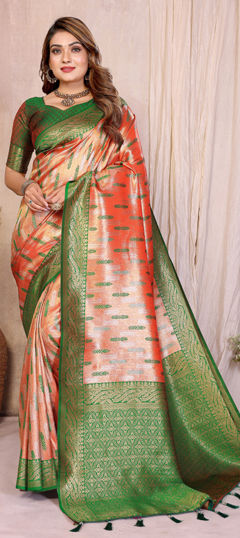 Red and Maroon color Saree in Banarasi Silk, Tissue fabric with Weaving work