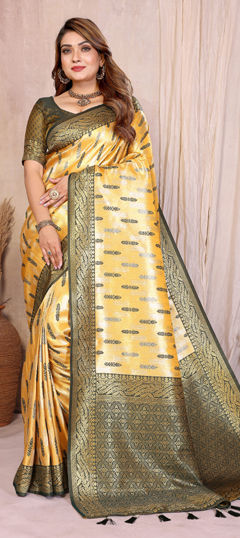 Yellow color Saree in Banarasi Silk, Tissue fabric with Weaving work