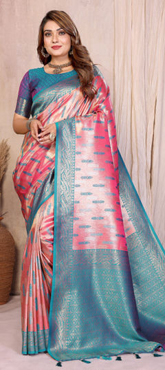 Pink and Majenta color Saree in Banarasi Silk, Tissue fabric with Weaving work