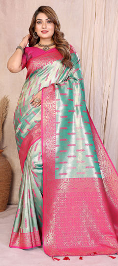 Green color Saree in Banarasi Silk, Tissue fabric with Weaving work