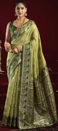 Green color Saree in Banarasi Silk fabric with Weaving, Zari work