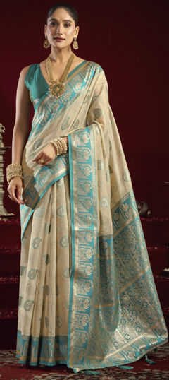 Beige and Brown color Saree in Banarasi Silk fabric with Weaving, Zari work