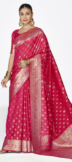 Pink and Majenta color Saree in Banarasi Silk fabric with Weaving work