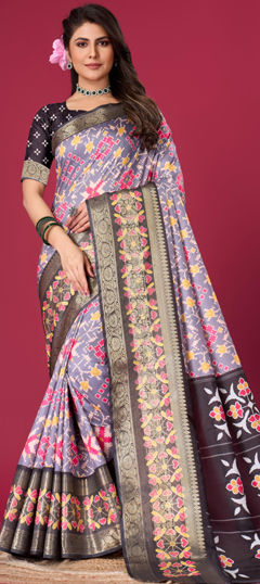 Purple and Violet color Saree in Satin Silk fabric with Printed, Weaving work