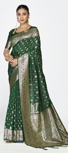 Green color Saree in Banarasi Silk fabric with Weaving work