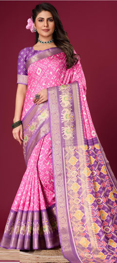 Pink and Majenta color Saree in Satin Silk fabric with Printed, Weaving work