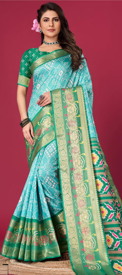 Blue color Saree in Satin Silk fabric with Printed, Weaving work