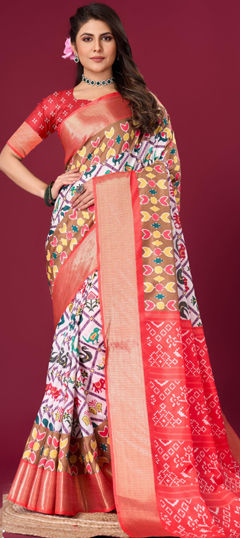 White and Off White color Saree in Satin Silk fabric with Printed, Weaving work