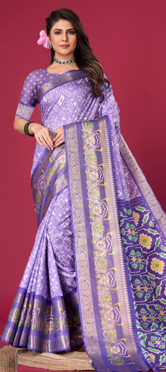 Purple and Violet color Saree in Satin Silk fabric with Printed, Weaving work