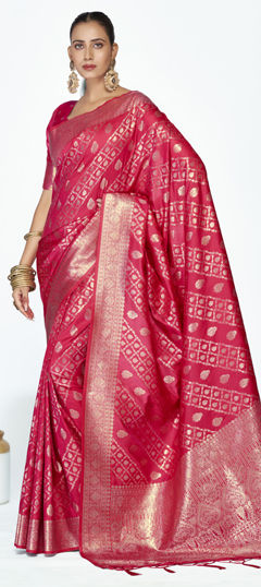 Pink and Majenta color Saree in Banarasi Silk fabric with Weaving work