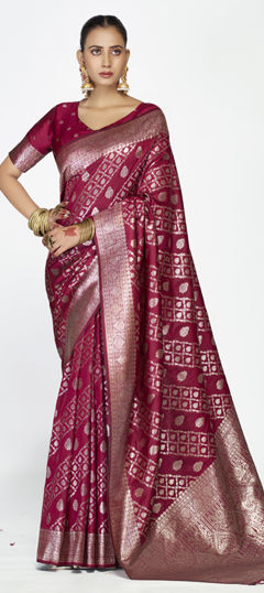 Red and Maroon color Saree in Banarasi Silk fabric with Weaving work